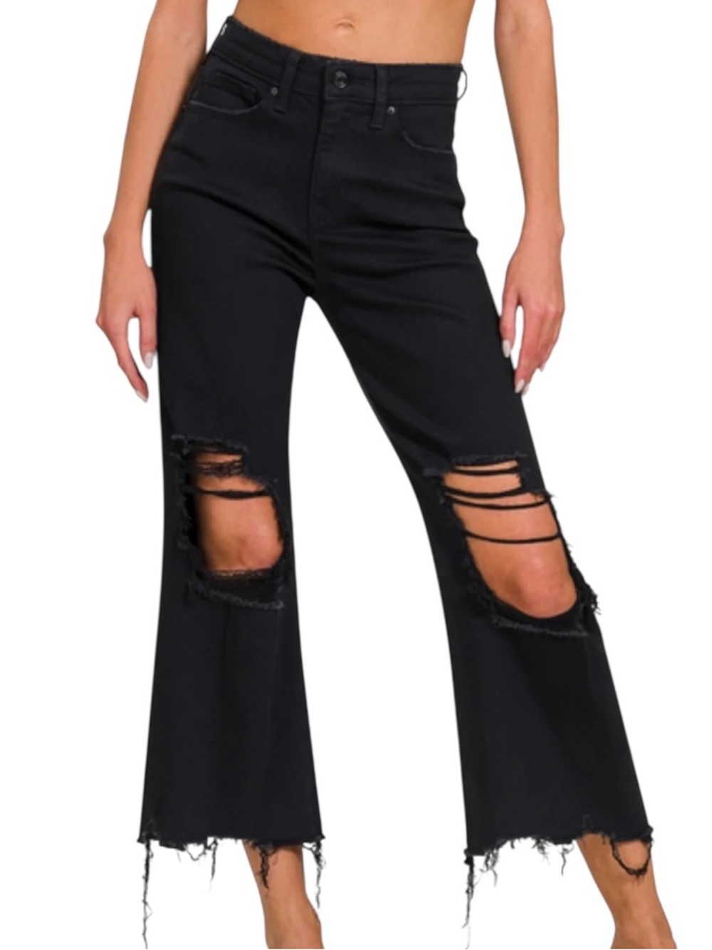 Zenana High Waisted Distressed Knee Flare Crop Jeans Black New